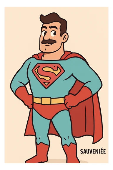 cartoon character wearing superhero costume with large S on chest, bright colors, inspired by Superman logo, representing Sauvenière sticker