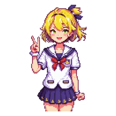 Pixel art anime girl with short bright yellow hair wearing Japanese sailor style school uniform, making victory peace signs with both hands, winking happily with excited expression sticker