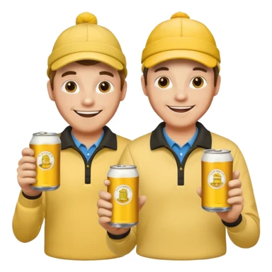 16 men on a golf trip wearing yellow golf caps all holding a beer can with a Xmas style label. Has to be 16 of them. sticker