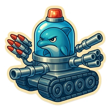 An angry-looking dolphin inside a water tank mounted on tank treads, with a lighter shiny metallic look. The water in the tank is blue. The tank features more forward-facing missiles and large guns, and a rotating police light on top. Rendered in retro sticker style with no border. sticker
