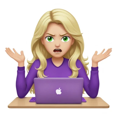 lady with long wavy blonde hair, purple top, green eyes, at desk with hands and face gesturing very angry and shouting, with a purple mac laptop  sticker