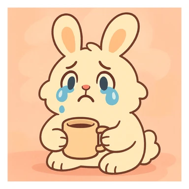 fluffy cream bunny with teardrop eyes holding a coffee mug, cozy soft background, pastel toon style sticker