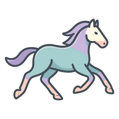 Chinese eastern style horse galloping, second frame of sequence, thin clean contours, soft rounded shapes, pastel palette #98B5BC, #B5B3C1, #C9A3C9, #E4C0CA, #F7DCD1, #F7C0AA, detailed shadows and highlights, soft lighting, transparent background, less cute, no decorative elements, silhouette and appearance as in reference sticker