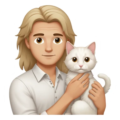 A young handsome Caucasian man in a white shirt holds a long-haired white cat sticker