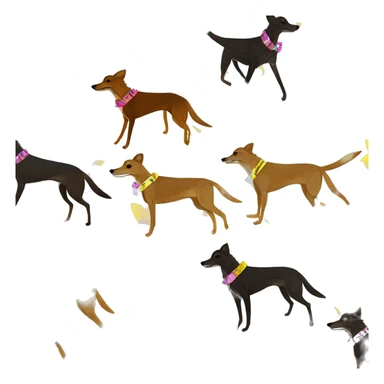  brindle brown black maroon striped lurcher Alsatian fox running blue eyes and iridescent holographic oilslick harness wearing paper iridescent tropical flower crown yellow caution tape sticker