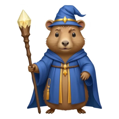 A mystical queen Capybara wearing a wizard robe and a wand sticker