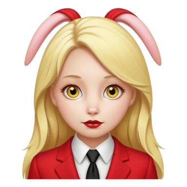 Woman with porcelain white skin, thick blonde hair that's in a thick, long ponytail, has the nose of a bunny, yellow scleras, red pupils, and a red suit with a black tie. sticker
