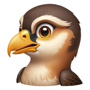 Cinematic Cute Falcon Portrait Emoji, Head tilted playfully and inquisitively, featuring a sleek, agile form with a delicately curved beak and round, sparkling eyes full of spirited charm, Simplified yet irresistibly adorable features, highly detailed, glowing with a warm, inviting glow, high shine, affectionate and lively, stylized with a touch of whimsical aerial grace, soft glowing outline, capturing the essence of a mischievous yet endearing falcon that seems as if it could dart out of the screen into your heart! sticker