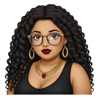 teen big plus size, latina, darker tan skin, gold jewelry, long black curly hair, baddie,pretty, makeup, dark red lipgloss, black eyeliner, long hair, black top, black glasses sticker