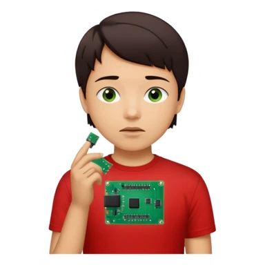 A young person wearing a red T-shirt indoors, short dark hair, holding a small green electronic circuit board near the mouth in a thoughtful pose. Warm natural lighting, window with blinds in the background, casual tech-inspired vibe. sticker