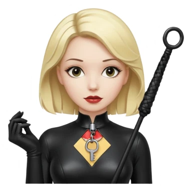 Dominatrix with blonde hair, latex outfit, old fashioned key necklace, and a whip sticker