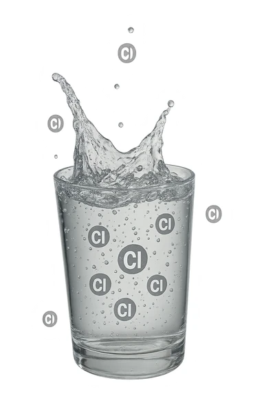 un bicchiere di acqua cade verticalmente dall'alto realistico e dettagliato, dentro l'acqua del bicchiere ci sono particelle di cloro ben visibili con la scritta "Cl" sopra, ci sono particelle anche che escono dal bicchiere e fluttuano in aria verticalmente, mentre alcune sono all'interno dell'acqua nel bicchiere, iperrealistico 4k sticker