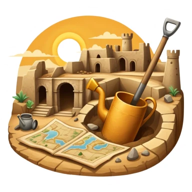 An icon showing an ancient city excavation site with a shovel, an old map, and uncovered ancient amphoras. The design captures the thrill of uncovering historical treasures and ruins. Transparent background highlights the excitement of archaeological discovery. sticker
