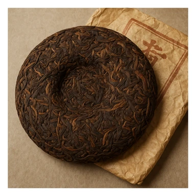 a round compressed pu-erh tea cake, detailed texture, visible tea leaves, traditional look sticker