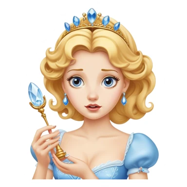 Cinematic Funny Cinderella Portrait Emoji, Stunned expression as she holds a glass slipper much too big, one eyebrow raised, golden curls slightly messy, a mix of royal grace and unexpected humor, capturing a lighthearted twist on her fairy tale moment! sticker