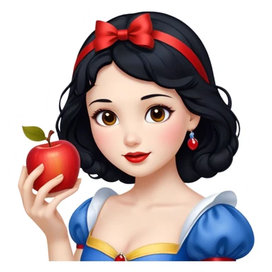 Cinematic Realistic Snow White Portrait, depicted with lifelike skin texture, soft natural lighting, and intricately detailed black hair styled with a red ribbon. Her soft brown eyes radiate innocence and kindness, complemented by a warm, gentle smile. She holds an apple in one hand, her other hand resting against her cheek, embodying her purity and charm. She is dressed in her classic yellow, blue, and red gown, the fabric rich in texture with delicate folds that catch the light beautifully. The portrait features a soft, natural glow with a radiant finish, capturing the essence of timeless beauty in a realistic and painterly style. sticker