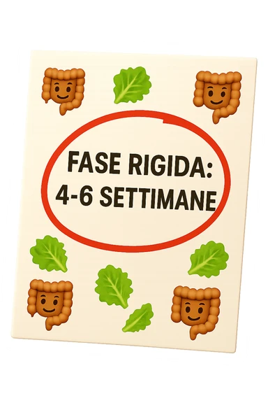 EMOJI STILE IPHONE DI UN foglio di carta fluttua in aria con la scritta "FASE RIGIDA: 4-6 SETTIMANE" CERCHIATA A PENNA IN ROSSO, ATTORNO AL FOGLIO FLUTTUANO PICCOLI TRATTI DI COLON UMANO IN STILE EMOJI E FOGLIE DI INSALATA, REALISTICA 4K sticker
