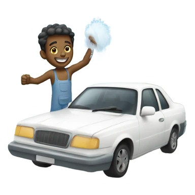 Happy guy washing a white car sticker