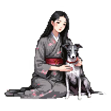 A very beautiful and attractive 25-year-old Chinese woman with long flowing black hair and a pure solid dark grey whippet with ABSOLUTELY NO white markings anywhere on its body sitting under a cherry blossom tree. The whippet must be completely solid dark grey with no white on chest, no white on muzzle, no white on paws - entirely one solid dark grey color. sticker