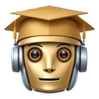 Robot head with university hat sticker