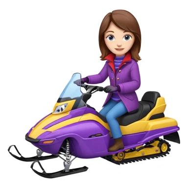 Brown hair, very blue eyes, Woman wearing red coat  on purple and yellow striped snowmobile sticker
