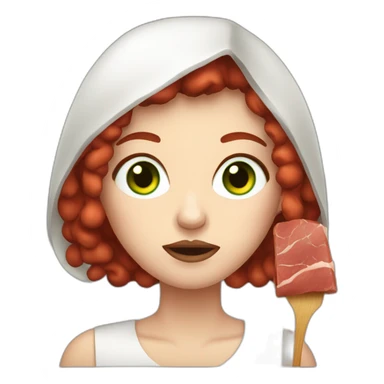 vegan woman white skin red hair green eyes disgusted holding meat sticker
