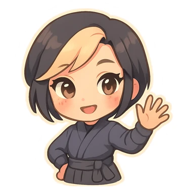 Chibi ninja girl with black short hair and a blonde streak, big head, small body and arms, not overly round or infant-like, cute and playful, anime-style face with large expressive eyes, small nose and mouth, subtle blush, hand fully raised, waving to the right, smiling, pastel colors, soft shading, clean outlines, no mask, transparent background, face looks sexy with slightly parted lips, confident gaze, longer lashes, subtle contouring. sticker