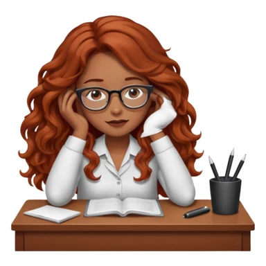 Pretty brown model, brown eyes, soft long red wavy hair, falling asleep at desk sticker