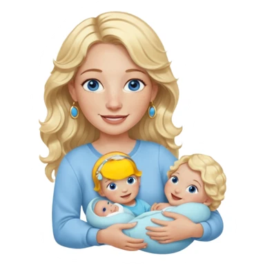 Wavy blonde, white woman with blue eyes, freckles hoop earrings, holding babies smiling and really cute in gold hoops she needs to be holding three newborns, and she needs to be more cute than pretty sticker