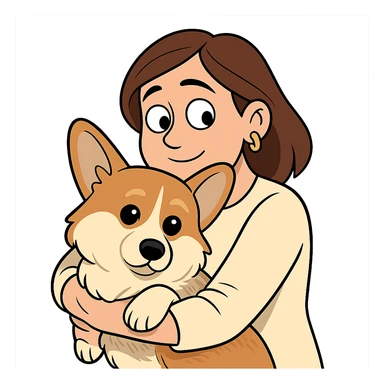Create an image in a cartoon style similar to the previous one, showing a woman with brown hair and golden ring earrings hugging a corgi dog. The background should be transparent. Use the reference photo for inspiration. sticker