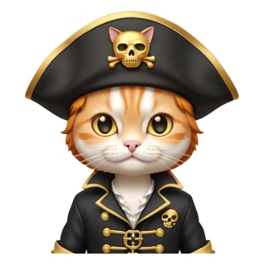 Premium 3D emoji icon of a cute ginger cat pirate, wearing a **pristine white** satin pirate hat with a gold skull icon, and a black and gold captain's jacket. Glossy finish, claymorphism style, soft studio lighting, isolated on white background, 8k resolution, stylized professional look --v 6.0 sticker