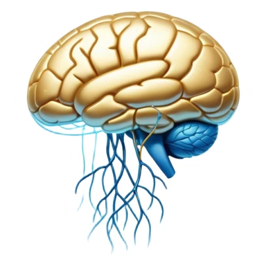 Shimmering pearlescent blue capsule floating in the foreground with an ethereal, glowing brain positioned behind it. Golden neural connections illuminate the brain. A small liver symbol nearby, all surrounded by a mystical aura of mental clarity sticker