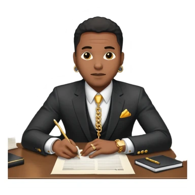 Hip hop music record company executive in office sitting at desk with contract on top of desk sticker