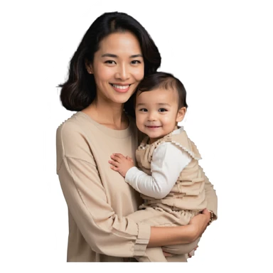 A happy mother with a child in beige clothes sticker