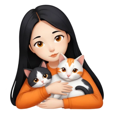 Asian girl with long black hair and the cat is lying on her shoulder, cat is mostly white with orange markings, tender moment sticker