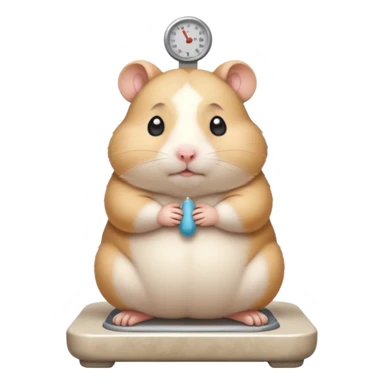 Cute chubby cartoon-style hamster standing on a bathroom scale, looking nervous with praying hands. Painterly shading, expressive eyes, white background, sticker-style illustration sticker