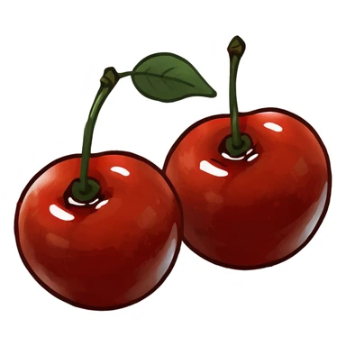 3D style two shiny red cherries hanging from a wooden branch with small green leaves sticker