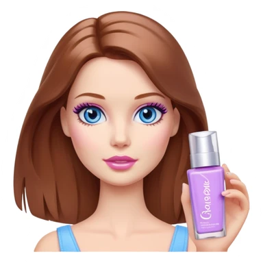 Barbie girl Chestnut Shoulder-length hair and blue eyes is In pale purple smears by hand cosmetic cream on her face sticker