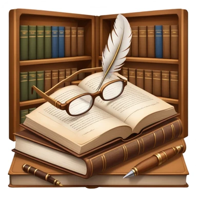 An icon featuring an open book with classic text, a feather quill, and reading glasses, symbolizing literary studies. The design includes old library shelves and vintage manuscripts in the background. Transparent background emphasizes the deep analysis of written works and literary history. sticker