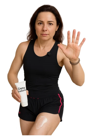 Donna con cellulite sulle cosce che usa una crema chiamata "Crema snellente" sticker