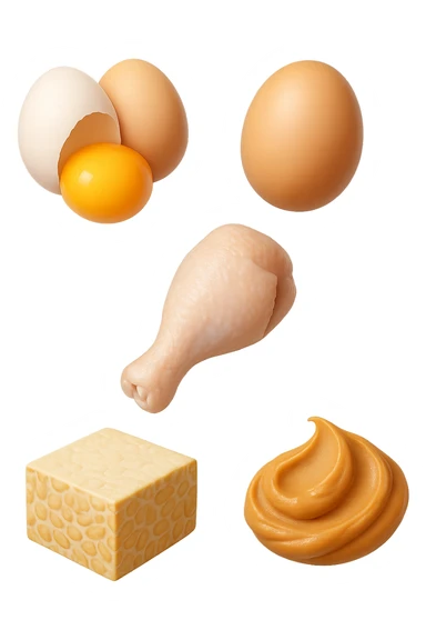 EMOJI STILE IPHONE DI
 uova, pollo, tofu, tempeh, burro di arachidi
, fluttuano in aria REALISTICA 4K sticker