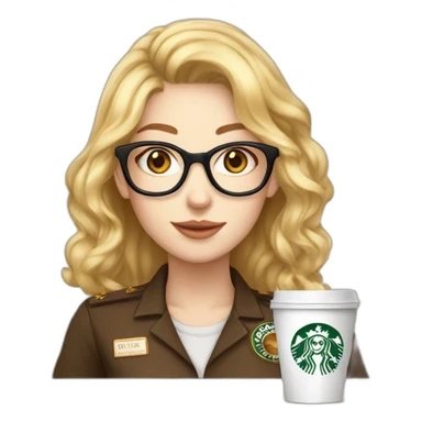 chatain hair pale skin women golden rounded glasses with a coffee and starbuck uniform sticker