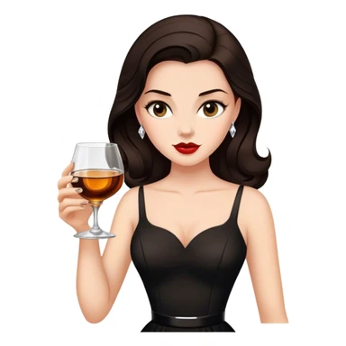 Beautiful woman in 1950’s woman fashion look, black dress, long dark brown hair, whisky with ice sticker