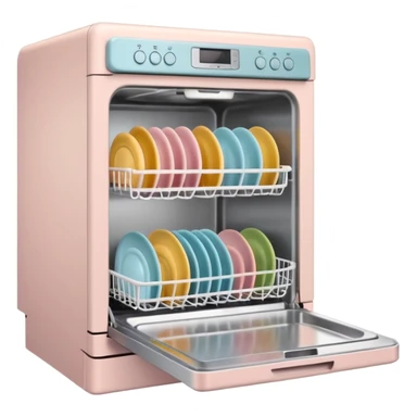 claymation style dishwasher with open door and clean dishes inside, pastel colors, visible fingerprints, soft matte finish sticker