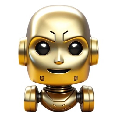 Cinematic Cute Mighty Iron Golem Portrait Emoji Head tilted playfully and inquisitively, featuring a sleek yet sturdy metal form with smooth, polished steel plating and glowing golden engravings, accented by faintly humming energy veins that pulse with life; rendered with lifelike clarity and soft, natural reflections, high shine, charming yet robust, styled with a touch of whimsical fantasy, soft glowing outline, capturing the essence of a watchful yet endearing golem, as if it might shift its massive head with a slow, thoughtful nod at any moment! sticker