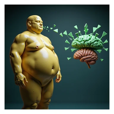 medical CGI showing obese man's fat cells as yellow blobs screaming green triangle leptin molecules toward a damaged hypothalamus; leptin receptors appear as broken doors; a thin person's brain nearby absorbing leptin efficiently; hyper-realistic, 4K, clinical style sticker