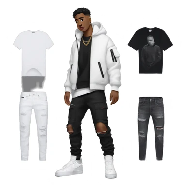 man fullbody, black nike tech fleece, white air force one shoes, amiri jean front view sticker