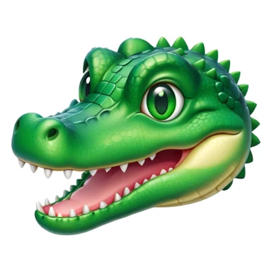 Cinematic Cute Crocodile Portrait Emoji, Head tilted playfully and inquisitively, featuring a smooth, glossy emerald-green hide with subtle textured scales and round, sparkling eyes filled with curious mischief, Simplified yet irresistibly adorable features, highly detailed, glowing with a warm, friendly glow, high shine, affectionate and surprisingly charming, stylized with a touch of wild whimsy, bright and endearing, soft glowing outline, capturing the essence of a mischievous yet lovable crocodile, so playful it feels like it could snap out of the screen into your arms! sticker