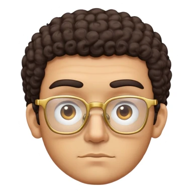 Square-faced man with thick eyebrows, short dark curly hair, slight scruff, serious expression, large square gold-rimmed glasses sticker