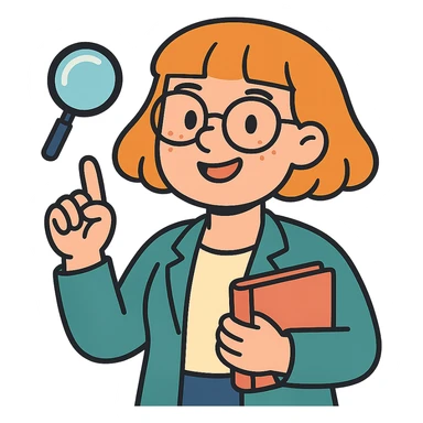 female researcher and author, light skin, strawberry blonde page haircut, round face, freckles, smiling, with glasses sticker